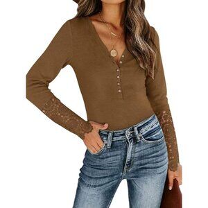 PINKMSTYLE Ribbed Henley Long Sleeve Bodysuit Womens XL Lace Cuffs Brown Neutral